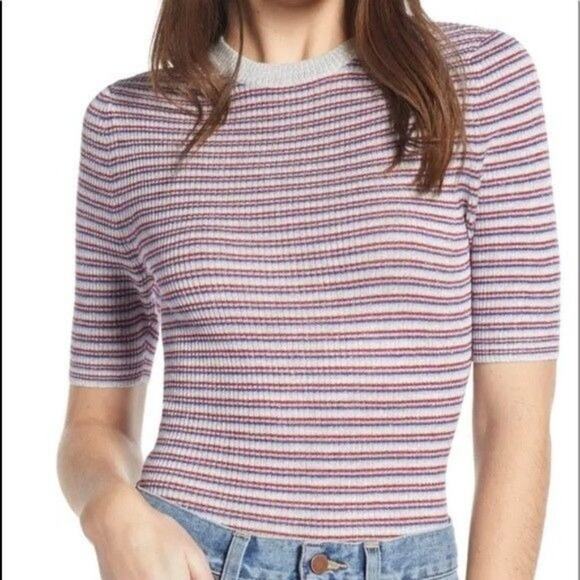Something Navy Sparkle Ribbed Pullover Short Sleeve Crewneck Striped Small - Picture 1 of 6